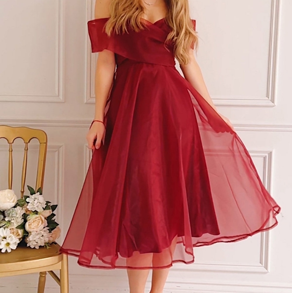 Burgundy Off-Shoulder Organza Midi Dress (small)